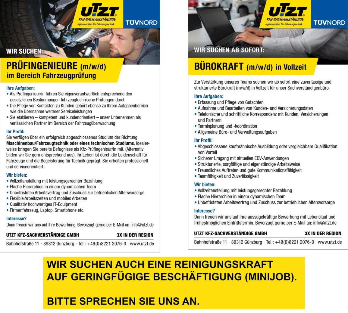 UTZT KFZ-Sachverständige | Stellenanzeige Prüfingenieure
